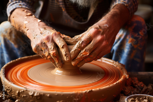 A close-up of a potter's hands shaping clay on a spinning wheel, illustrating the craft and skill involved in ceramic artistry. Concept of tactile creativity. Generative Ai.