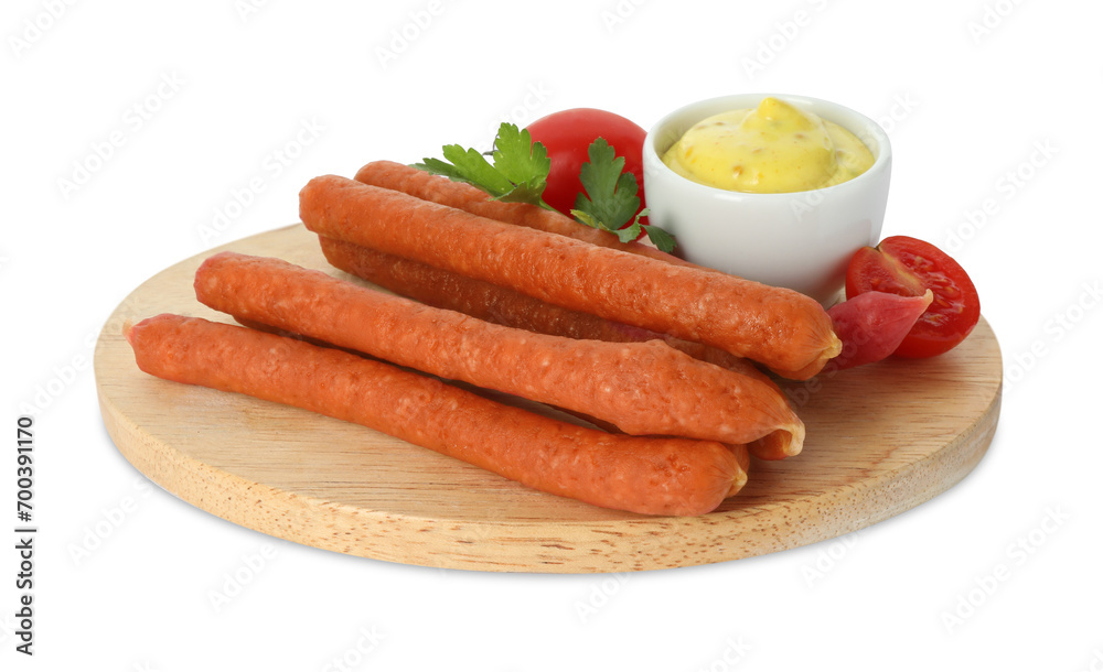 Thin dry smoked sausages with tomatoes and sauce isolated on white