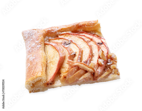 Piece of delicious apple pie with powdered sugar isolated on white
