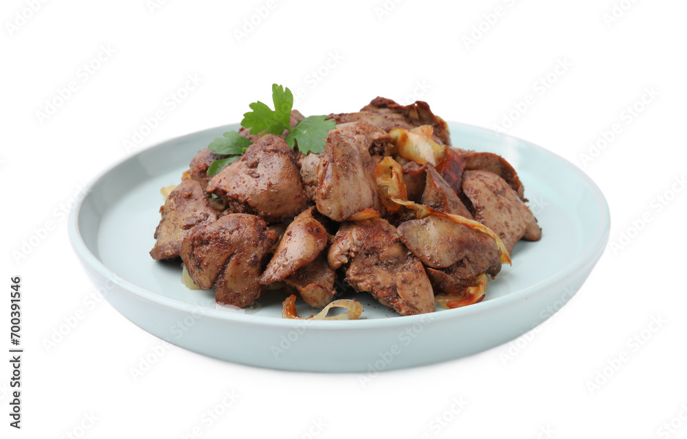 Tasty fried chicken liver with onion and parsley isolated on white