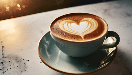 steaming cup of cappuccino adorned with a heart-shaped foam design on a saucer  symbolizing warmth and love