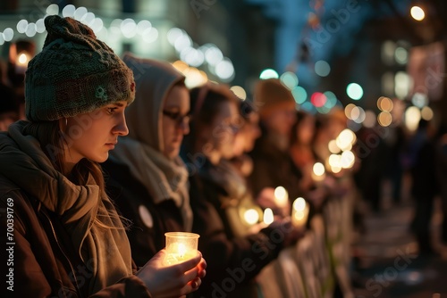 Group of Christians holding a prayer vigil in the city square, with lit candles and a banner of peace and solidarity. © Lucija