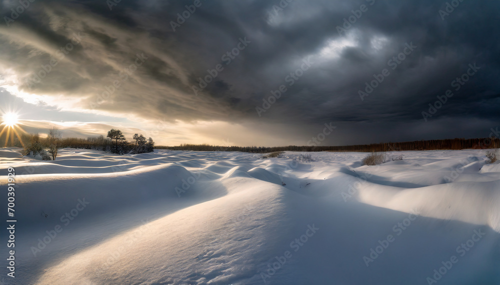 landscape with undulating snowdrifts under serene blue sky, evoking tranquility and seasonal beauty