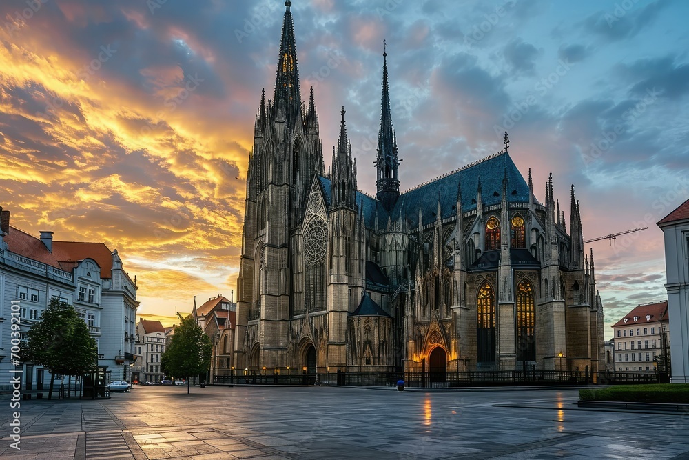 Panoramic view of a magnificent cathedral at dawn, the first rays of light illuminating its spires and stained glass, symbolizing awakening and faith.