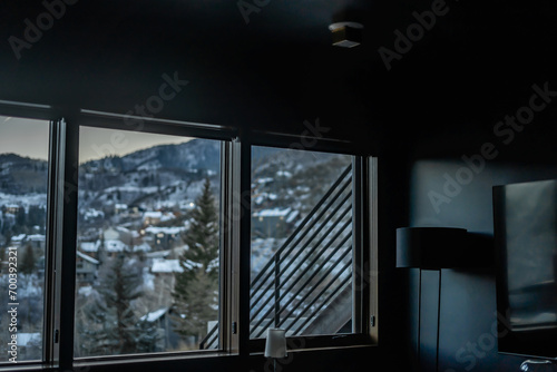 Inside Room Large Windows Dusk Blue Cold Snowy Mountain Window View