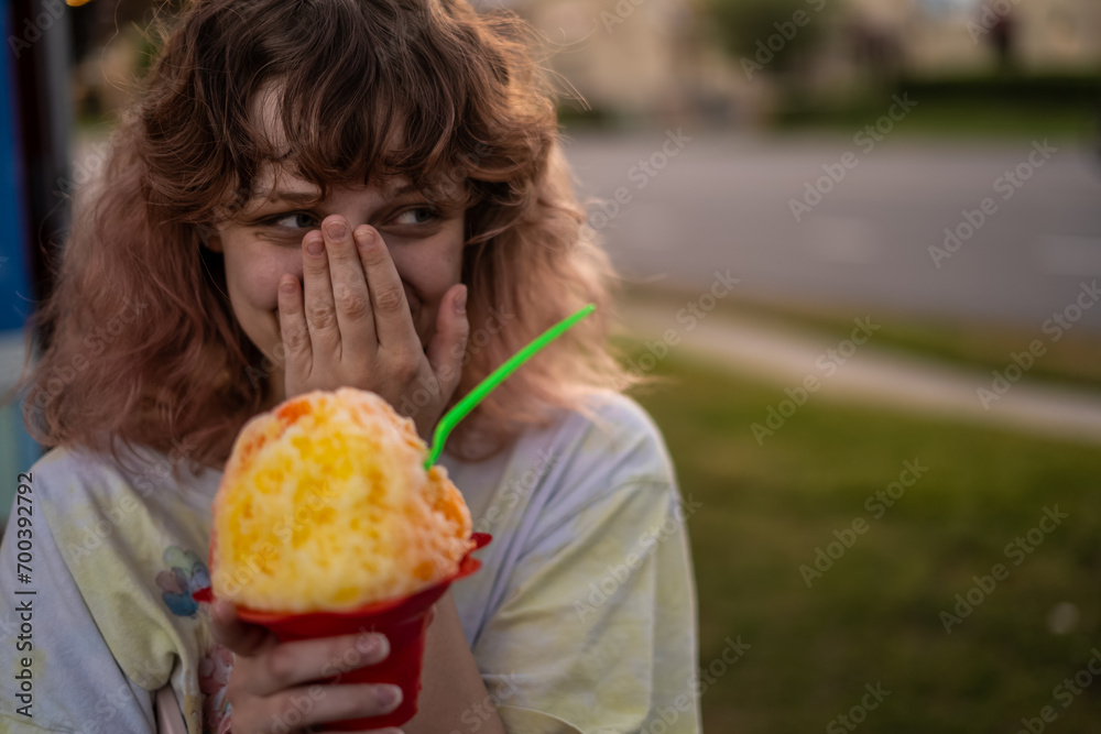 Adorable Cute Smiling Happy Person With Icee Shaved Ice Summer Treat Sweets Outside Fluffy Frizzy Hair Close Up Adorable Cute Smiling Happy Person With Icee Shaved Ice Summer Treat Sweets Outside Fluffy Frizzy Hair Close Up