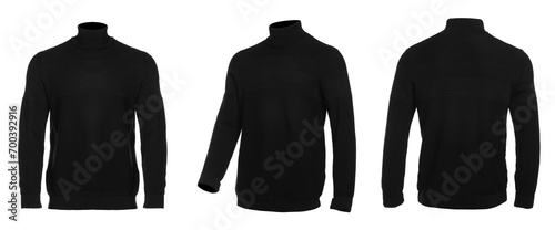 Black sweater isolated on white, back and front. Mockup for design