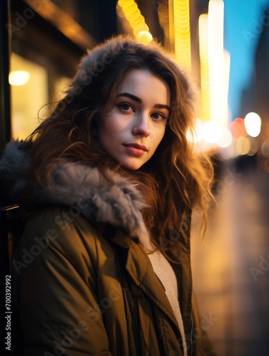 beautiful young woman at night, walking on city street outdoors