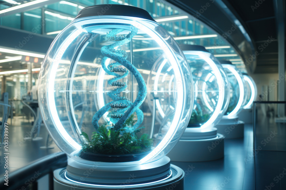A futuristic genetic research facility, symbolizing ongoing efforts to unlock the secrets of the human genome and advance our understanding of human genetics. Generative Ai. A futuristic genetic research facility, symbolizing ongoing efforts to unlock the secrets of the human genome and advance our understanding of human genetics. Generative Ai.