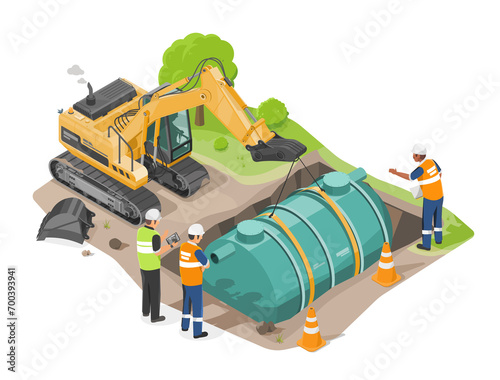 engineer work with worker to install wastewater treatment system tank building construction concept isometric isolated cartoon photo