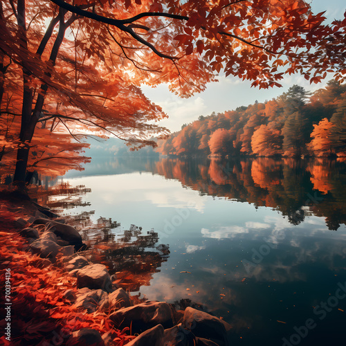 A serene mountain lake surrounded by autumn foliage.