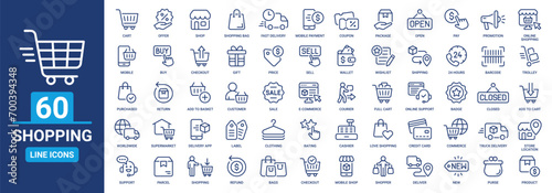 Shopping icon set. Containing cart, shop, offer, delivery, e-commerce, buy, product, customer, online shopping and more. Outline vector icons collection.
