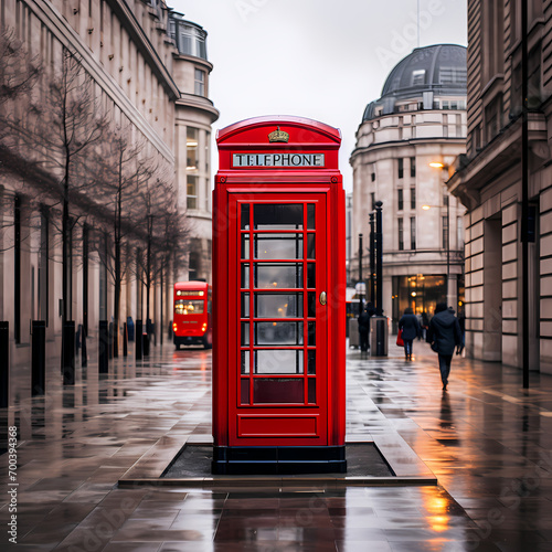 A classic red London phone booth in a modern city. © Cao