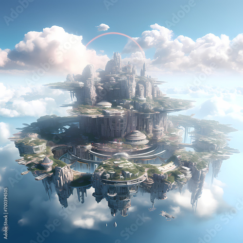 A futuristic floating city in the clouds.