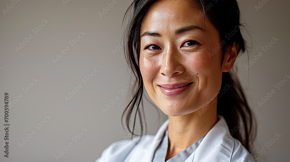 Asian female doctor in lab coat professional style portrait with copy space Asian female doctor in lab coat professional style portrait with copy space