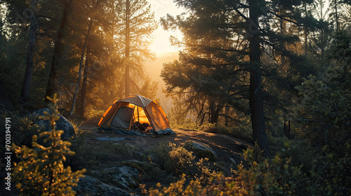 wilderness camping in tents on a mountain top with golden morning light 