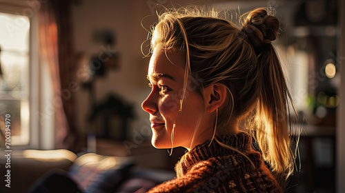 young woman in her home smiling in beautiful sunlight 