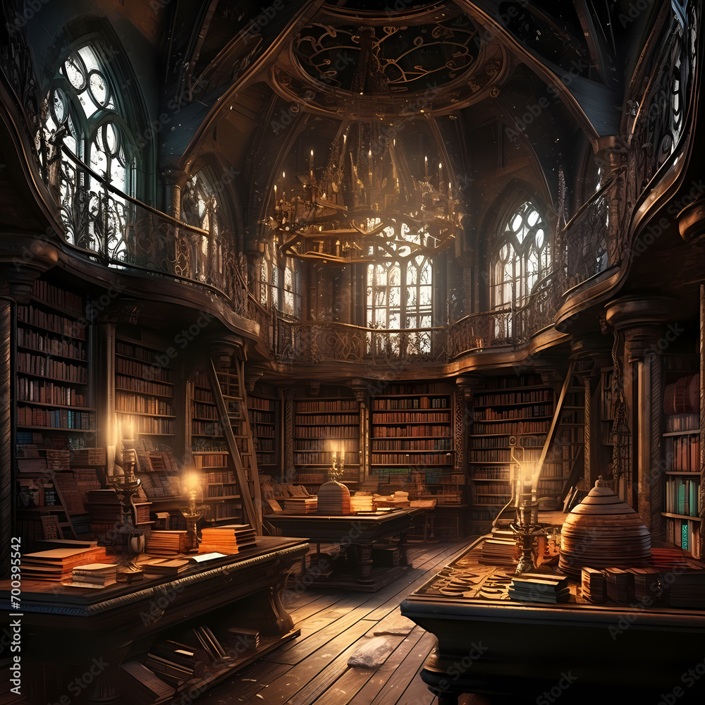 Generate an image of a grand library in a wizarding school, filled with towering bookshelves, ancient tomes, and floating candles, where young witches and wizards study the secrets of magic