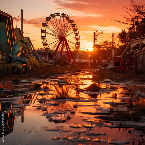 Abandoned amusement park at sunset