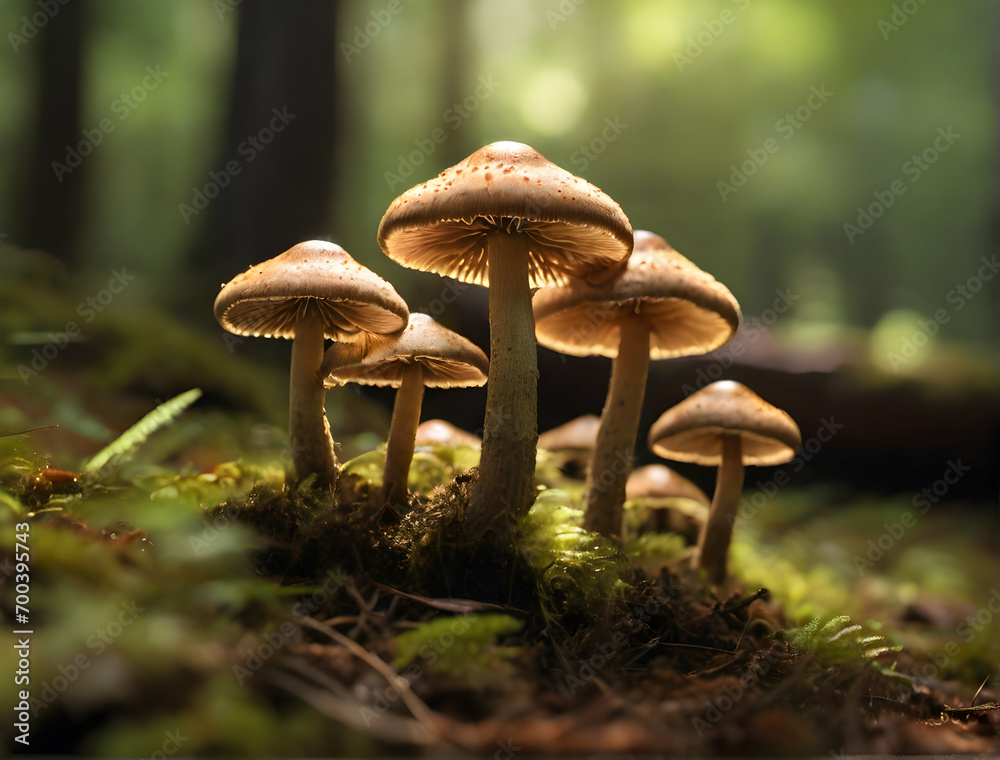 Fototapeta premium Growing mushrooms closeup in forest