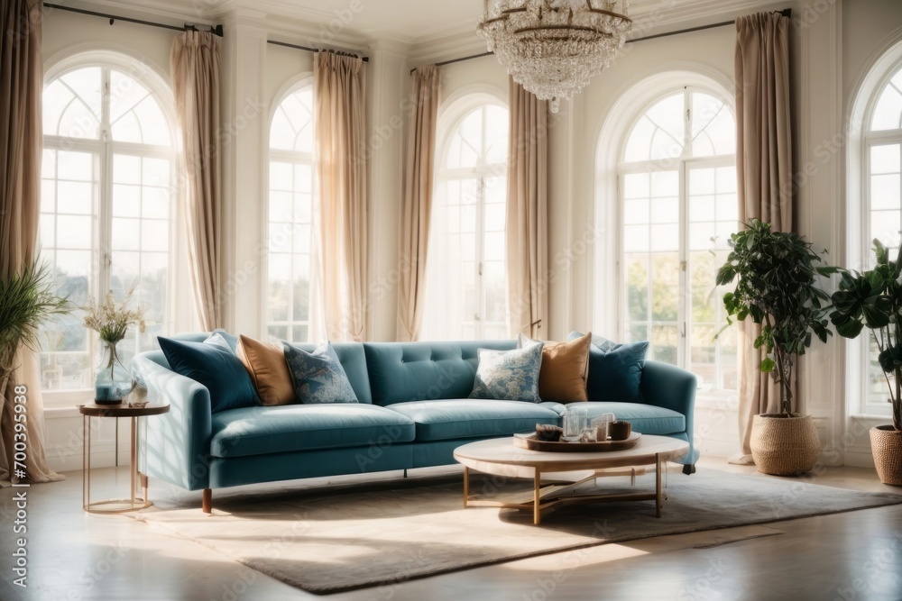 Interior home design of modern living room with classic room and blue sofa Interior home design of modern living room with classic room and blue sofa