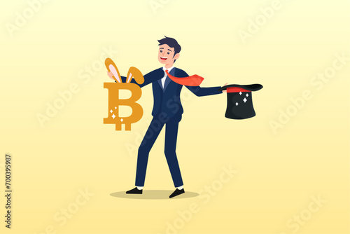 Businessman successfully pull shiny Bitcoin with rabbit ears from magician hat, Bitcoin mining, high price bitcoin cryptocurrency (Vector)
