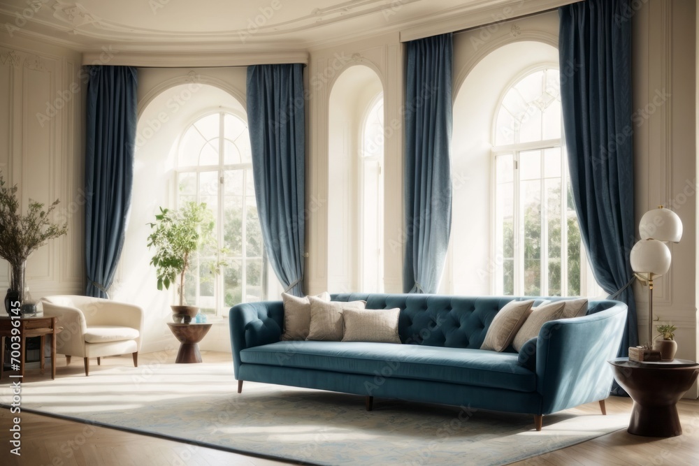 Fototapeta premium Interior home design of modern living room with classic room and blue sofa