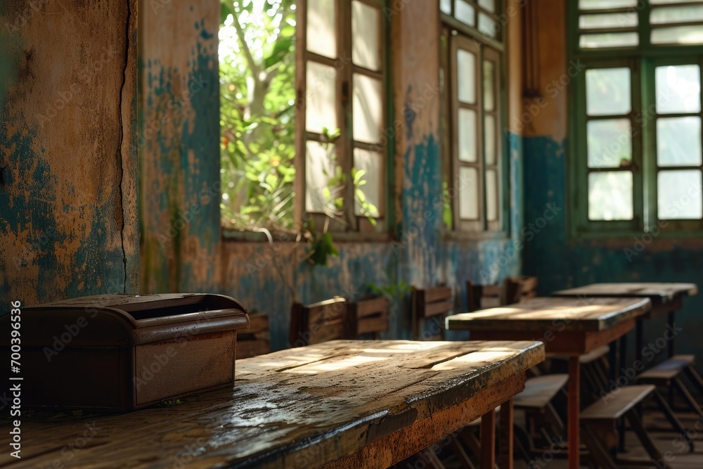 empty old classroom with big windows and wooden desks