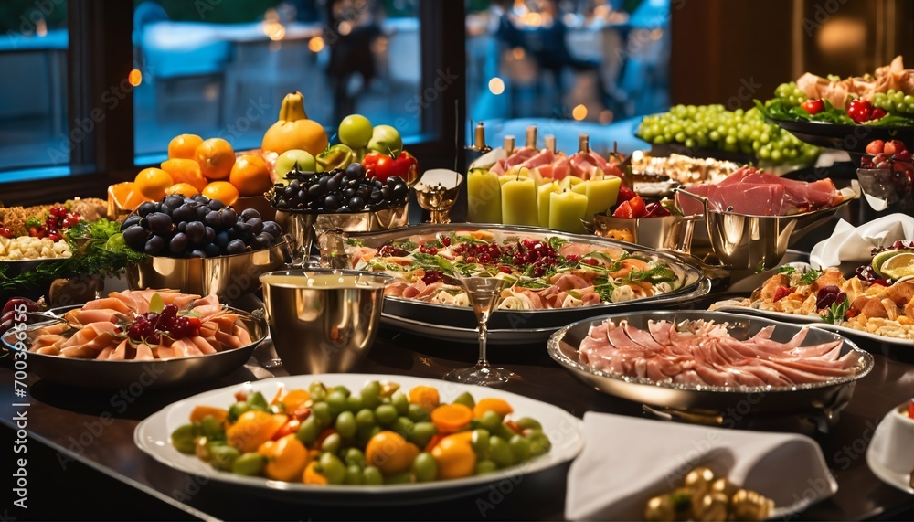 Restaurant catering with buffet of meat, fruits, and vegetables, colorful display
