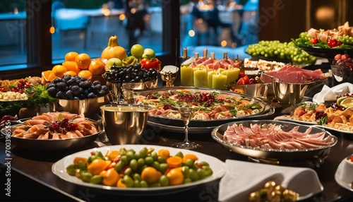 Restaurant catering with buffet of meat, fruits, and vegetables, colorful display