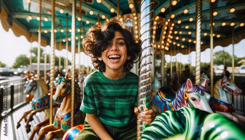 Carousel excitement, happy young boy on a merry-go-round at funfair © ibreakstock