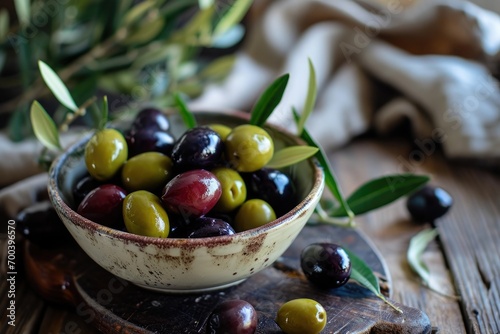 fresh ripe black and green olives on a wooden table