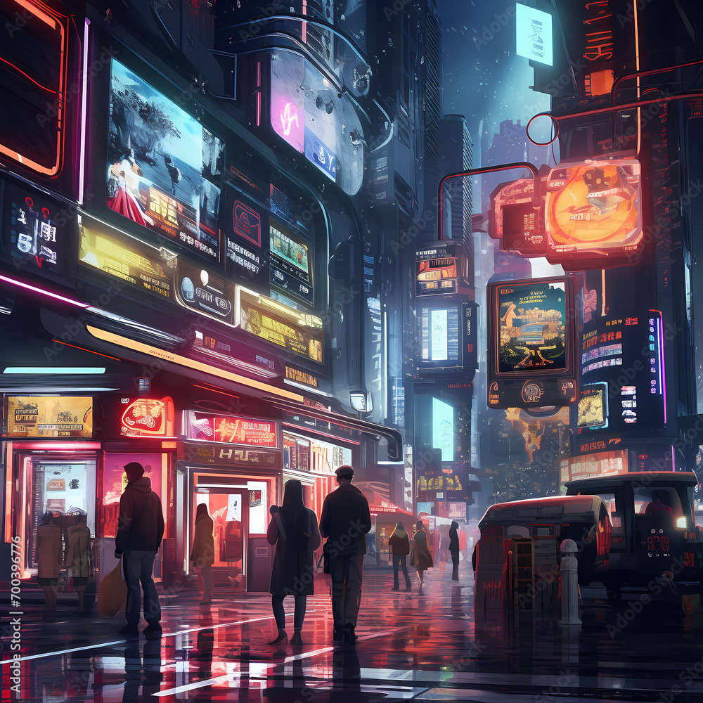 Cyberpunk street scene with holographic advertisements