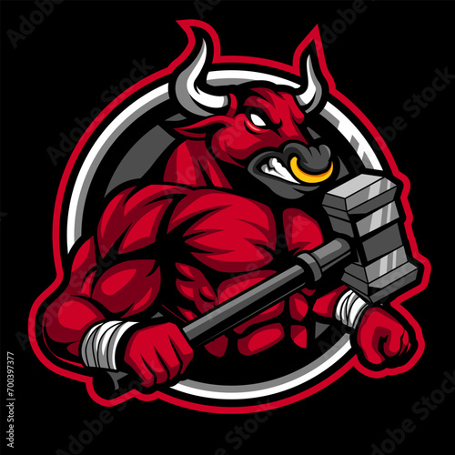 angry bull mascot with hammer weapon