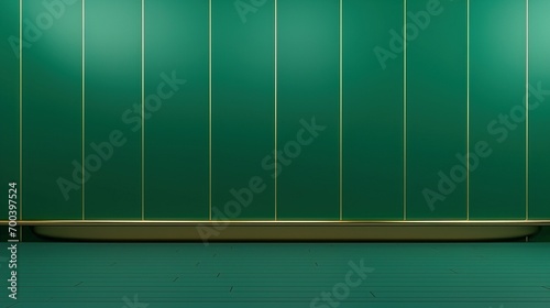 Simple minimalistic royal green wall background with green floor and gold trim