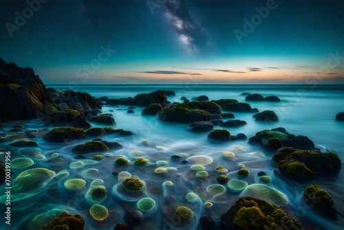 A dreamy seascape during twilight  where the sky and sea merge into a seamless horizon. 