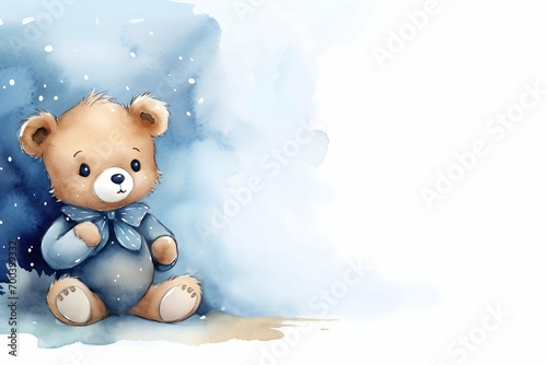 Watercolor cute blue baby boy teddy bear on white blank background for birthday childhood concept