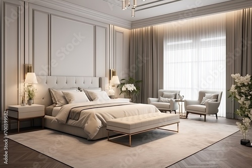 Luxurious Bedroom Interior with Elegant Neutral Tones and Textured Fabrics