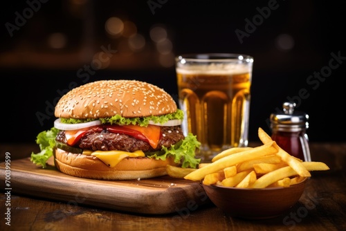 burger,french fries and beer