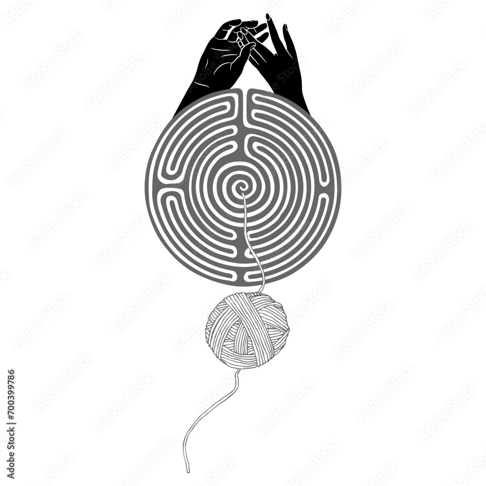 Holding hands of two lovers emerging from a round spiral maze or