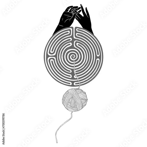 Holding hands of two lovers emerging from a round spiral maze or labyrinth symbol and a yarn ball. Ariadne's thread. Ancient Greek mythology. Theseus and Ariadne. Mystery of love. Creative concept.