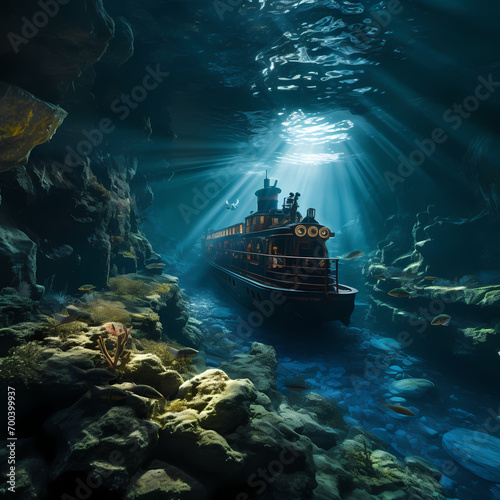 Submarine journey through an underwater canyon