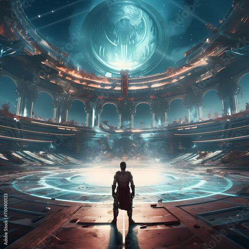 Time-traveling gladiator in a futuristic arena