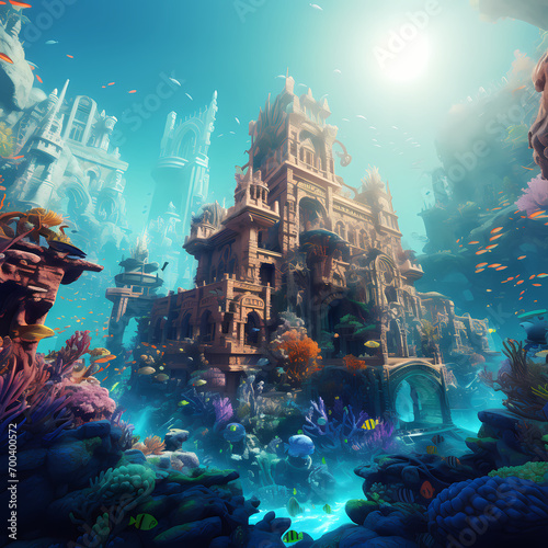 Underwater mermaid city with colorful coral reefs