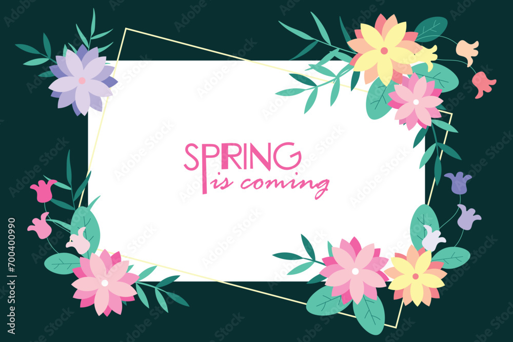 Obraz premium Hello spring text vector background design. Spring greeting typography with fresh bloom flowers and butterfly elements in empty space for holiday season celebration. Vector Illustration.
