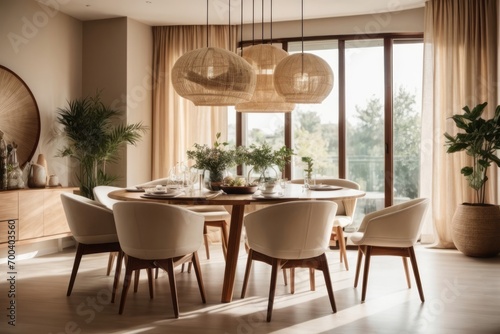 Japandi Stylish home interior design of light modern dining room with beige chairs at big round dining table