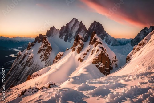 A snow-covered mountain peak  bathed in the soft glow of the setting sun  creating a breathtaking alpenglow.