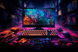 Gaming computer desktop, monitor and keyboard in abstract neon light, digital world.