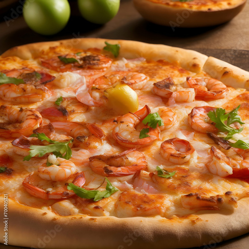 seafood pizza with shrimps on the wooden table close-up