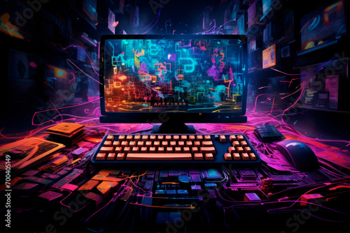 Gaming computer desktop, monitor and keyboard in abstract neon light, digital world.